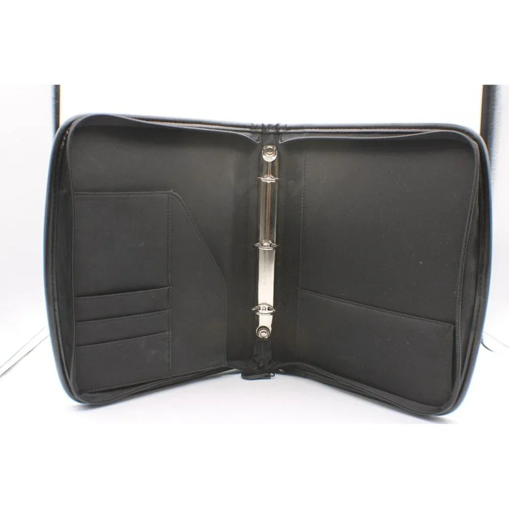 Black Faux Leather Zippered Binder Organizer With 3-Ring Mechanism & Interior Po